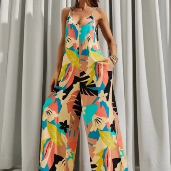 Luukse Pants - Luukse Wide Leg Tropical Floral Jumpsuit Size XL